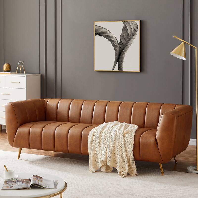 Clovis Mid Century Modern Furniture Style Upholstered Leather Couch in Cognac Color
