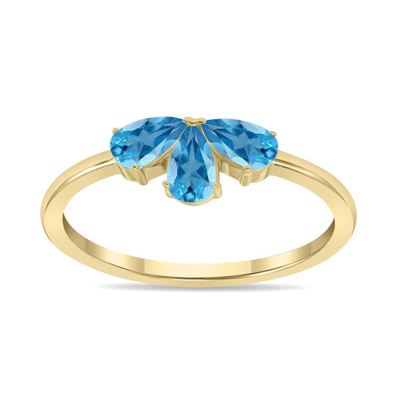 Marquee Jewels Blue Topaz Pear Shape Three Stone Ring in 10K Yellow Gold