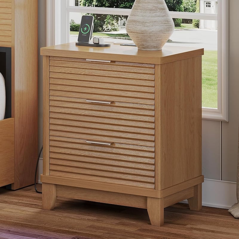Night Stand Charging Station Drawers LED Nightstands Beside Table - Wood - 3-drawer