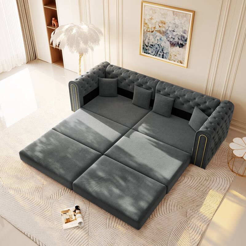 90.6" Velvet Pull Out Sofa Bed, 3-in-1 Convertible Sleeper Sofa with Movable Ottoman, Modern Button Tufted Chesterfield Sofa