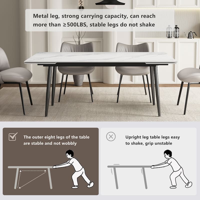62.9'' to 94.4'' expandable Slate rectangular Glossy White kitchen Stone Top dining table stainless steel legs.
