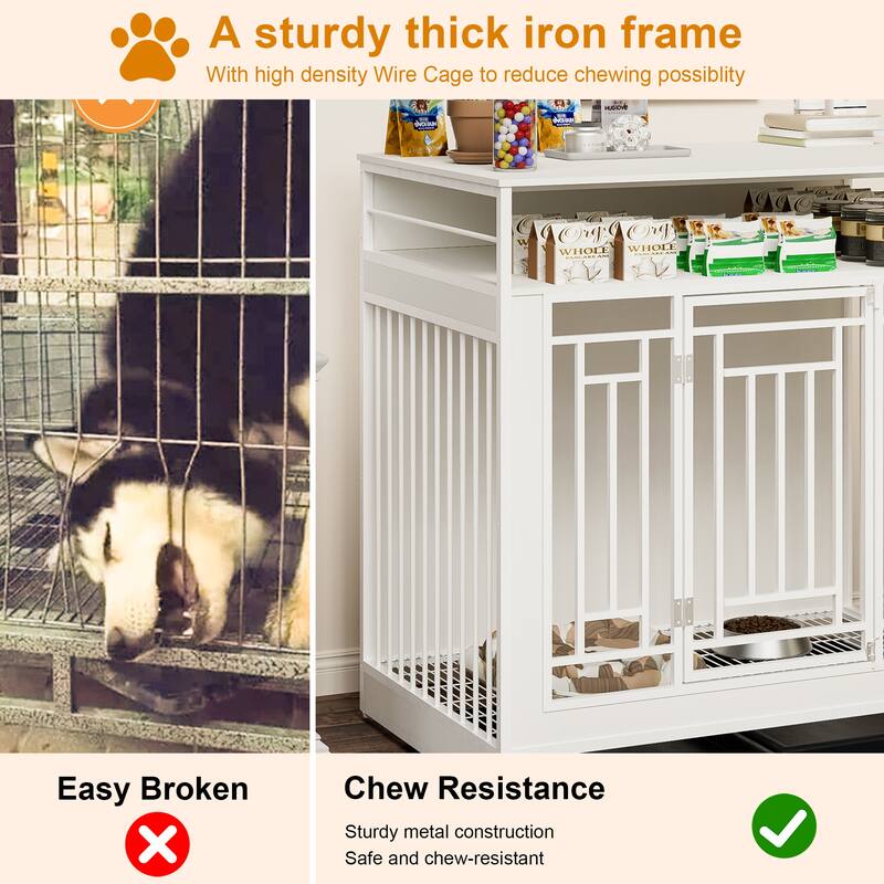 43.3" Dog Crate Furniture for Large Dogs, Wooden Dog Crate with Divider, 2 Door Dog Kennel with 3 Drawers Storage
