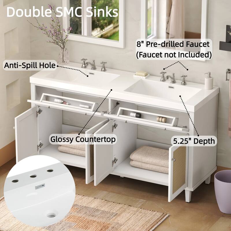 60 Inch Bathroom Vanity with Double Sink, Large Storage Space with 2 Tip-Out Trays / Flip-Out Drawers