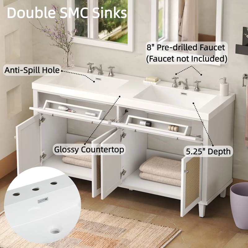Christopher Knight Home - Bellmere 60" Modern Double Sink Bathroom Vanity with SMC Sink, Soft-Close Storage, and Solid Wood Legs