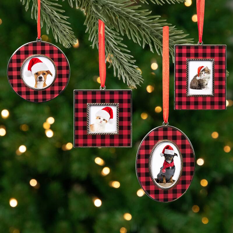 Buffalo Plaid Photo Frame Christmas Ornaments - 3.5" - Set of 4