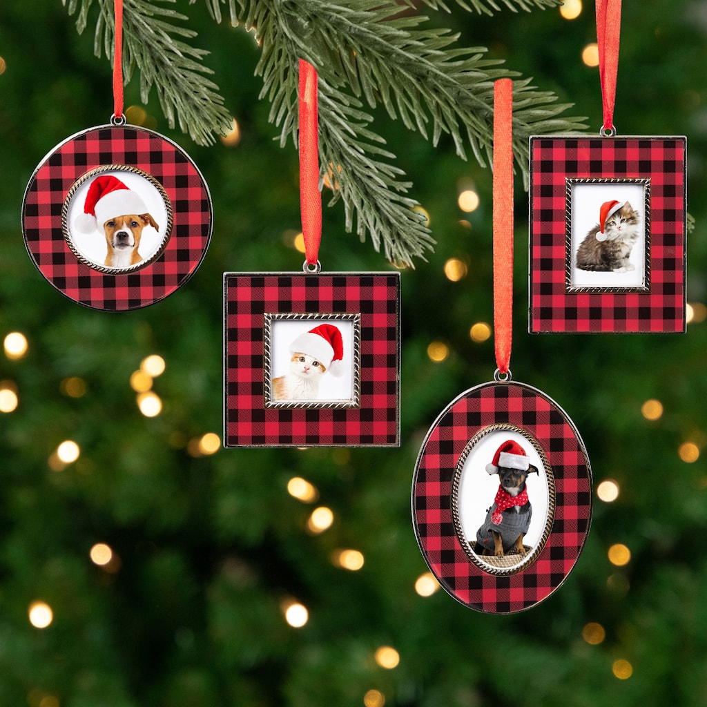 Buffalo Plaid Photo Frame Christmas Ornaments - 3.5" - Set of 4