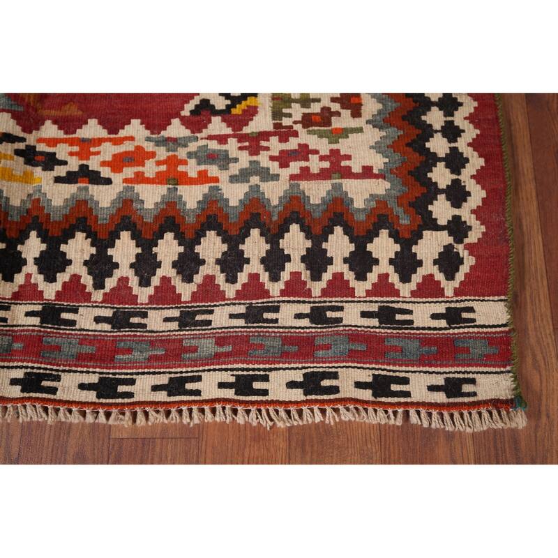 Vegetable Dye Orange Kilim Qashqai Persian Antique Wool Carpet - 4'4"x 10'10"
