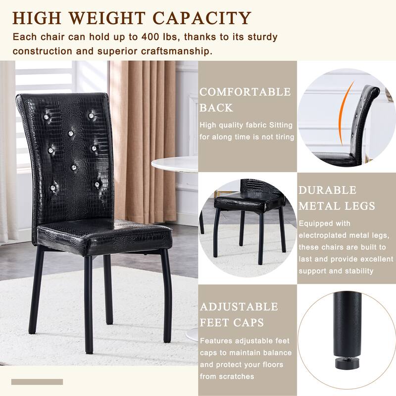 A set of 2 vintage crocodile leather cushioned dining chairs, featuring crystal clasp design and artificial leather design