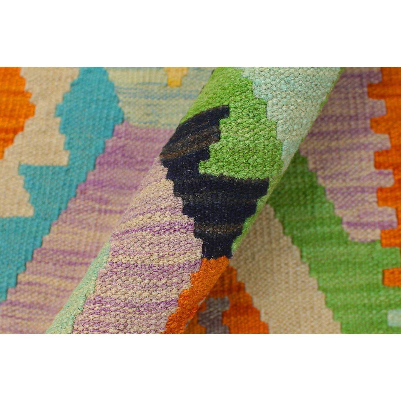 Retro Turkish Collins Blue Orange Kilim Wool Rug 4 ft. 2 in. X 5 ft