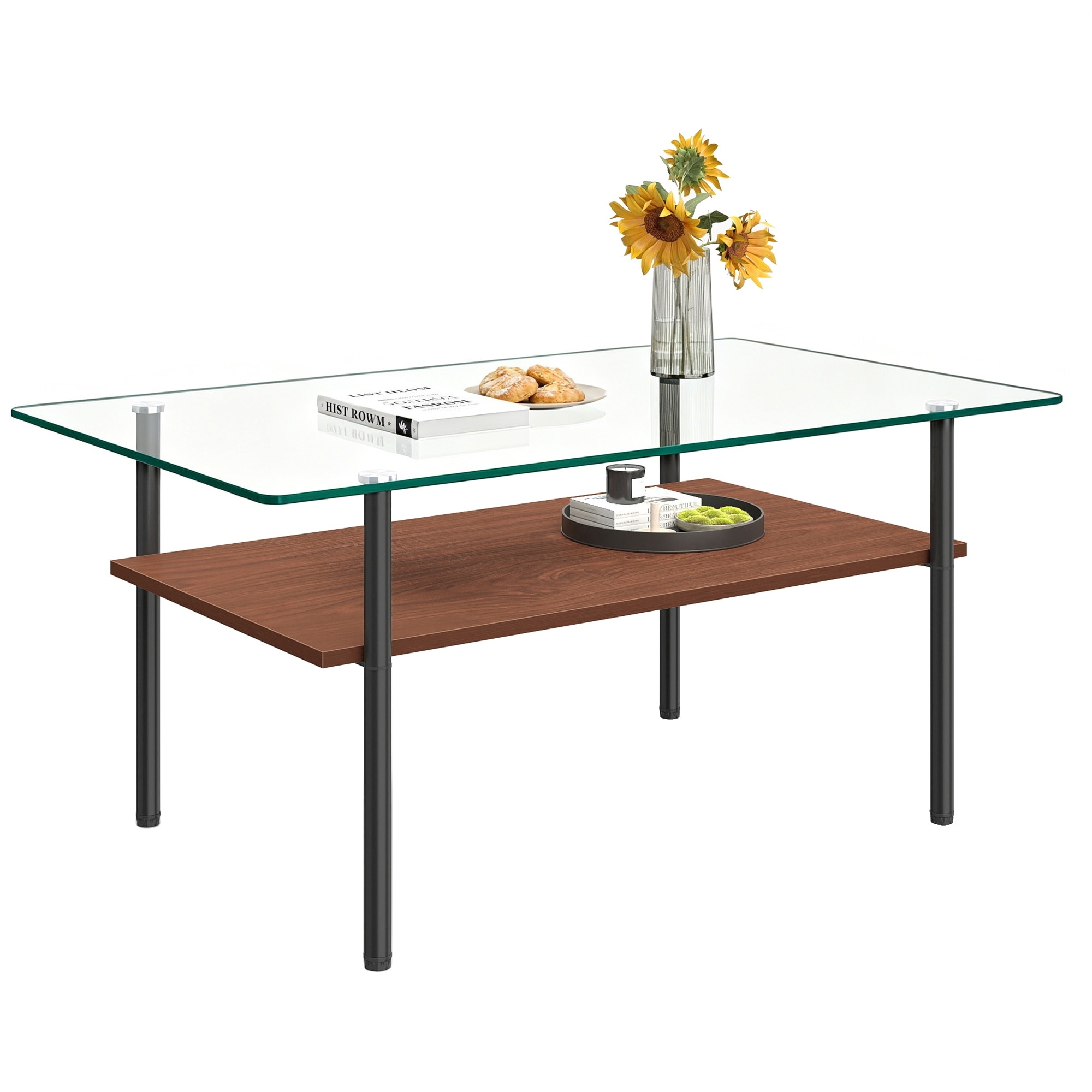 Modern glass coffee table for living room black metal legs with wooden shelf - N/A