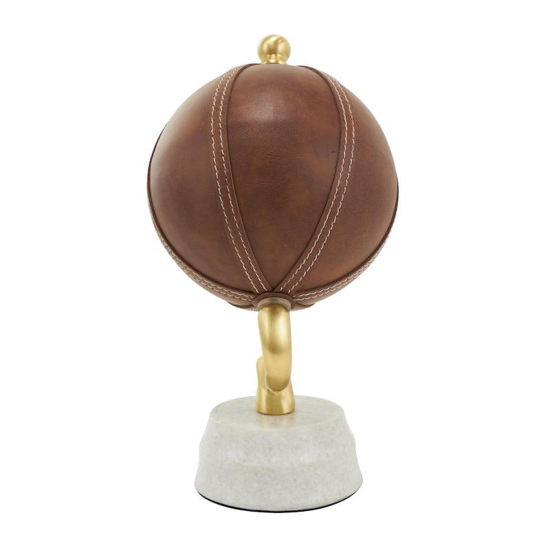 Leather Handmade Stitched Globe with White Marble Base - Brown - Roche River Decor