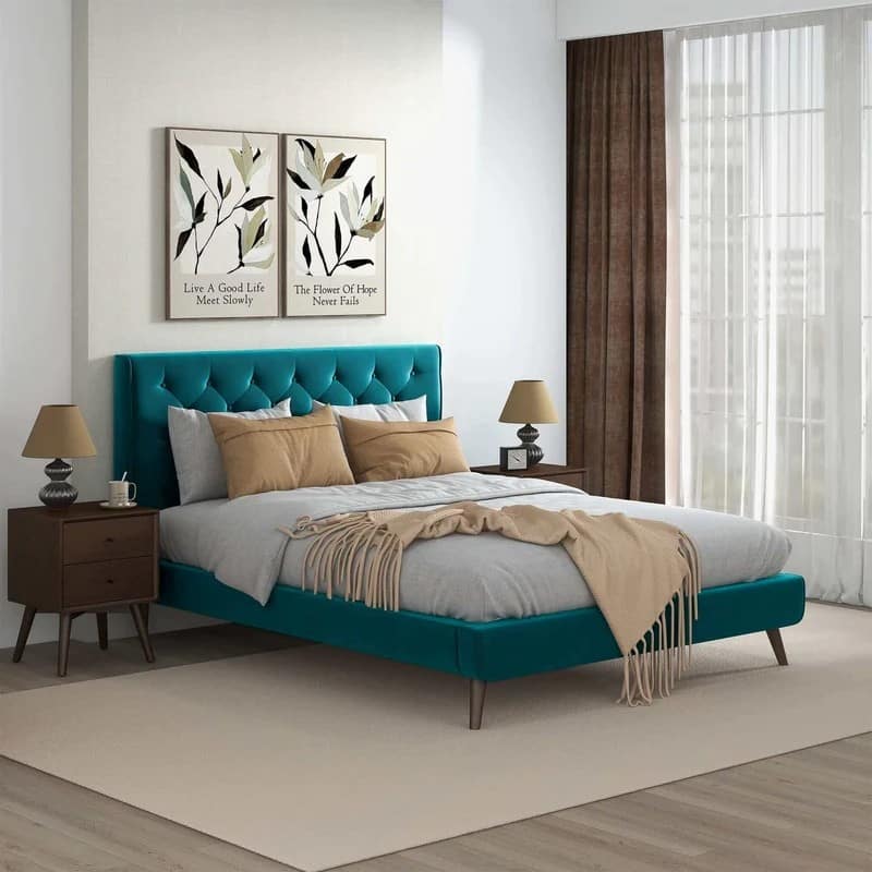 Queen Size Velvet Platform Bed with Tufted Headboard and Mid-Century Design