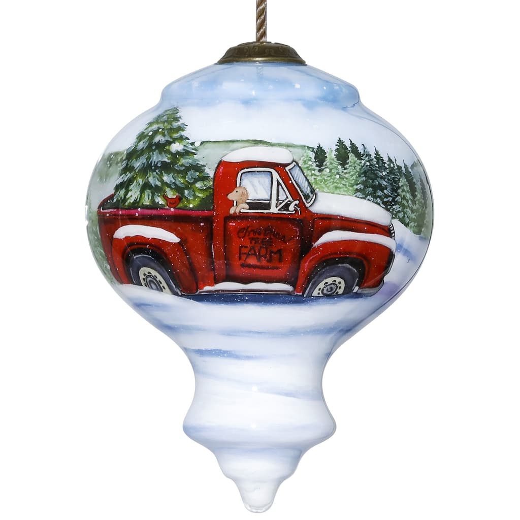 Red Farm Truck with Tree Hand Painted Mouth Blown Glass Ornament - 6.5" x 5" x 5"