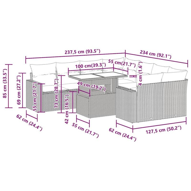 vidaXL Patio Sofa Set with Cushions and Table Outdoor 9 Piece Poly Rattan - 24.4 x 24.4 x 27.2