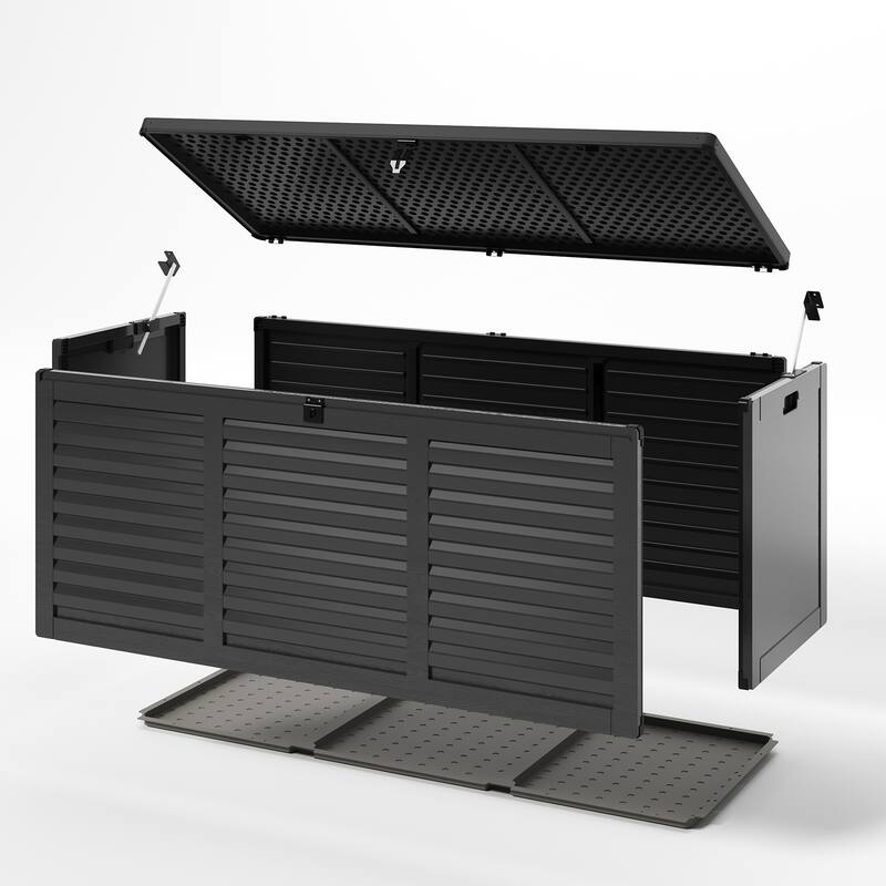 130 Gal. Upgraded Resin Deck Box, Outdoor Storage Box Waterproof with Hydraulic Rod and Side Handle, Lockable
