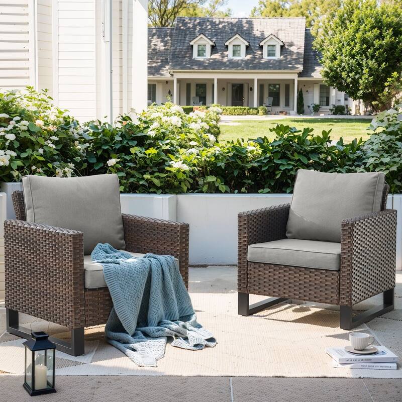 Patio PE Wicker Chair with Cushion Set of 2 - Brown - Grey