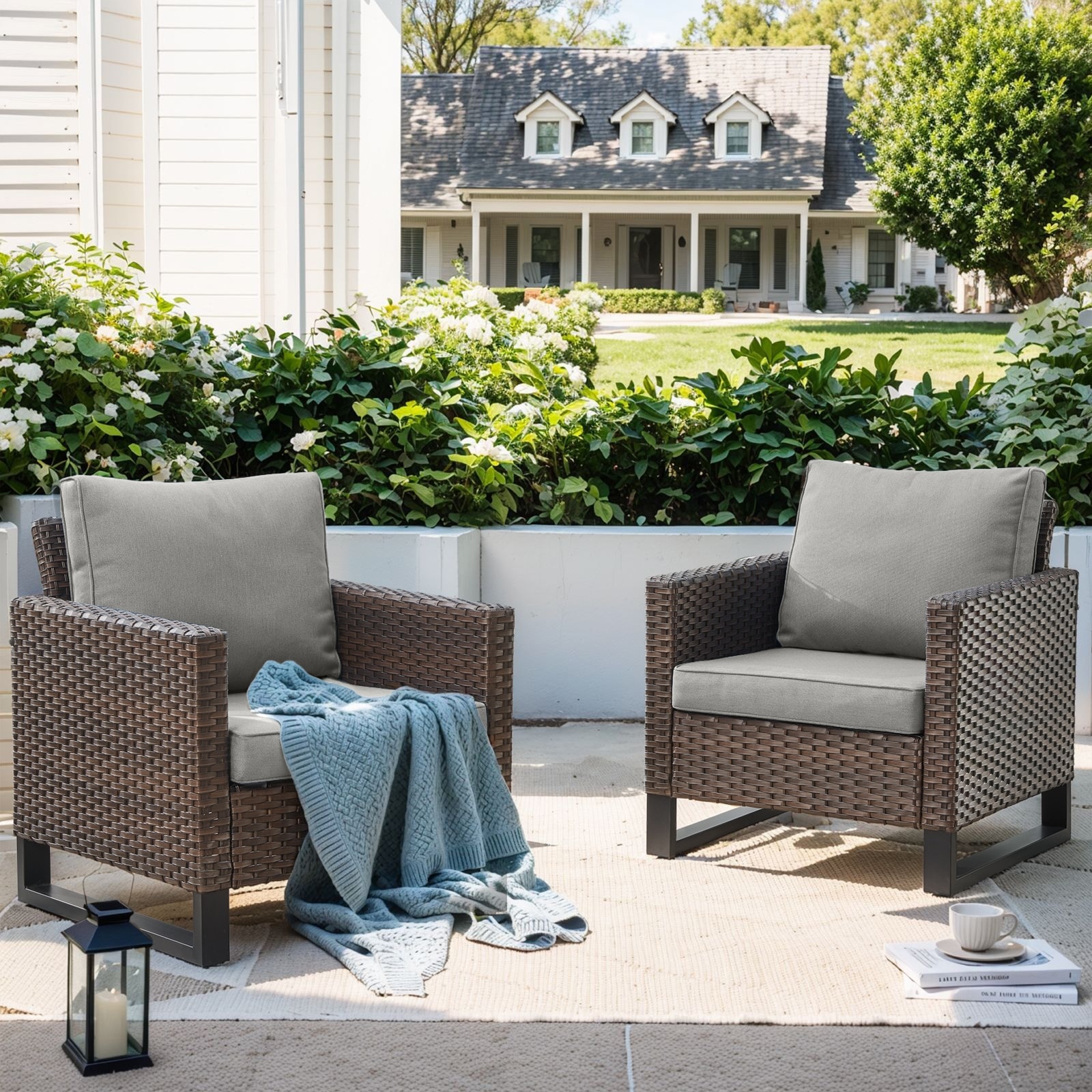 Patio PE Wicker Chair with Cushion Set of 2