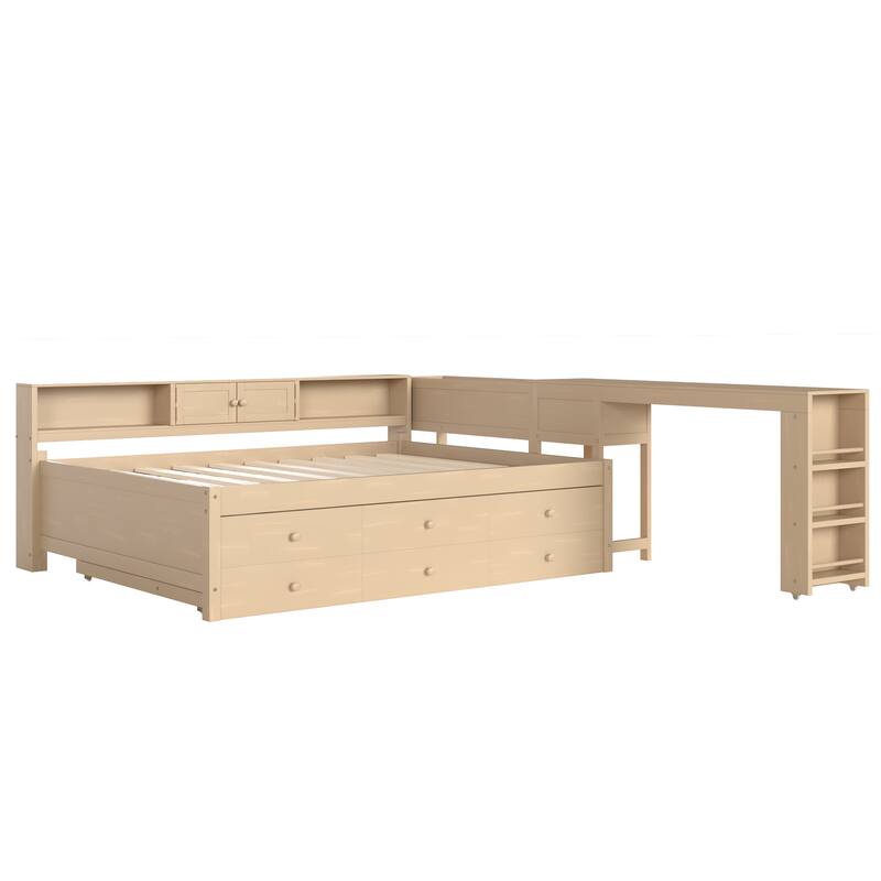 Full/Twin Daybed with Trundle & Storage Drawers - Wood Frame with Side Shelves and Desk