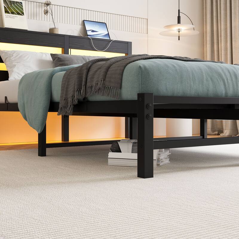 Metal Frame Platform Bed with USB Charging Station