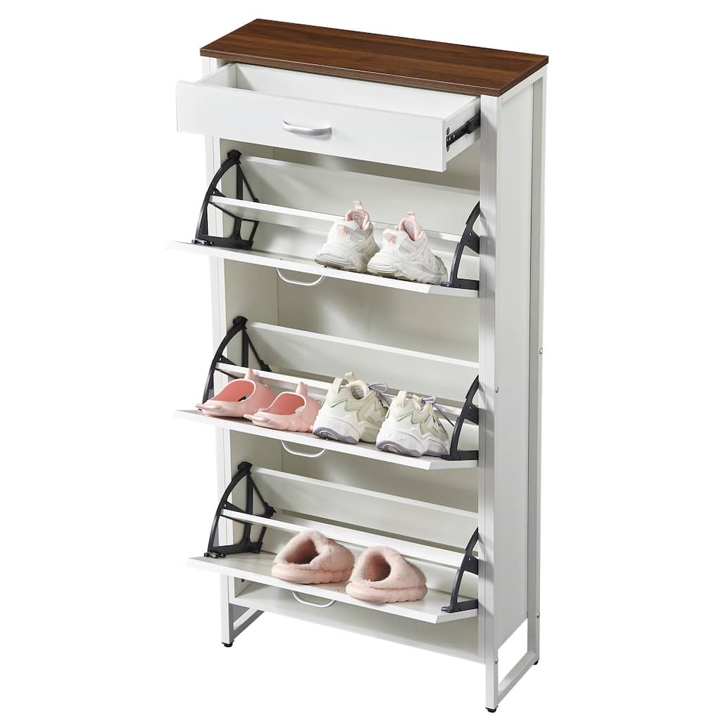 Narrow Shoe Cabinet with 3 Flip Drawers & 1 Drawer, Freestanding Storage Rack, White/Walnut Finish for Boots, Heels, Slippers