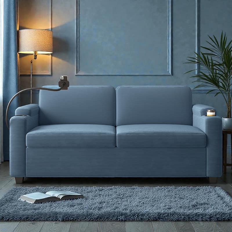 72.8" Corduroy Sleeper Sofa, Full Size Loveseat Bed with Mattress, USB Ports, Cup Holders, Side Pockets & Phone Holder - Blue