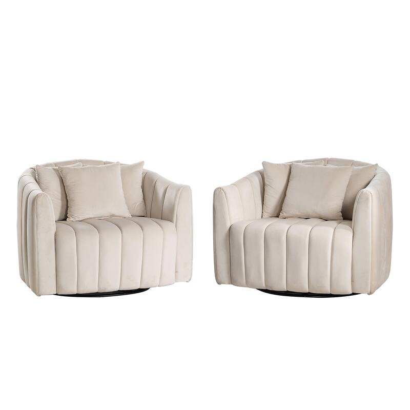 Velvet 360° Swivel Barrel Chair with 3 Pillows, Channel Tufted Design, Pocket Spring Cushion and 350lb Weight Capacity