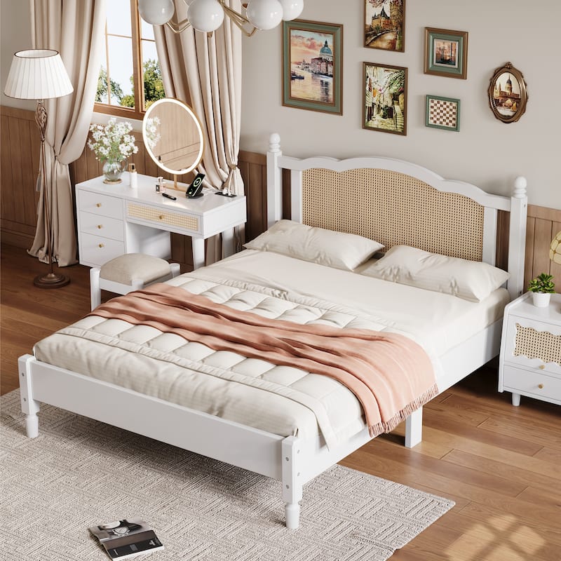 Wooden Platform Bed with Natural Rattan Headboard, Wingback Bed Frame with Wooden Slat Support, No Box Spring Needed