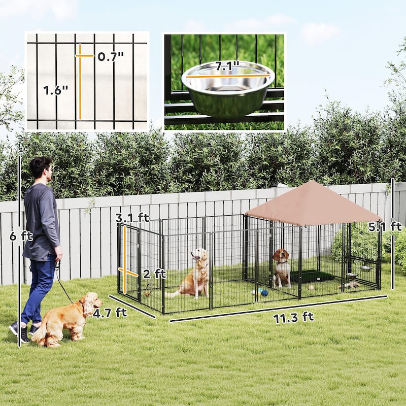 PawHut Dog Kennel Outside, Large Outdoor Dog Kennel Run with Rotating & Adjustable Height Bowls