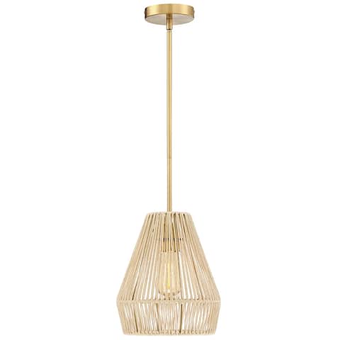 1-Light Rattan Single Pendant Light with Brass Canopy - 9.5'' W