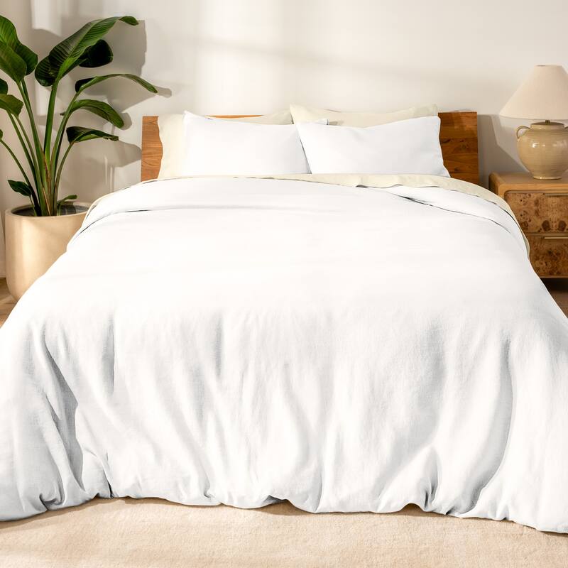 Bare Home Linen Duvet Cover and Sham Set - White - Queen