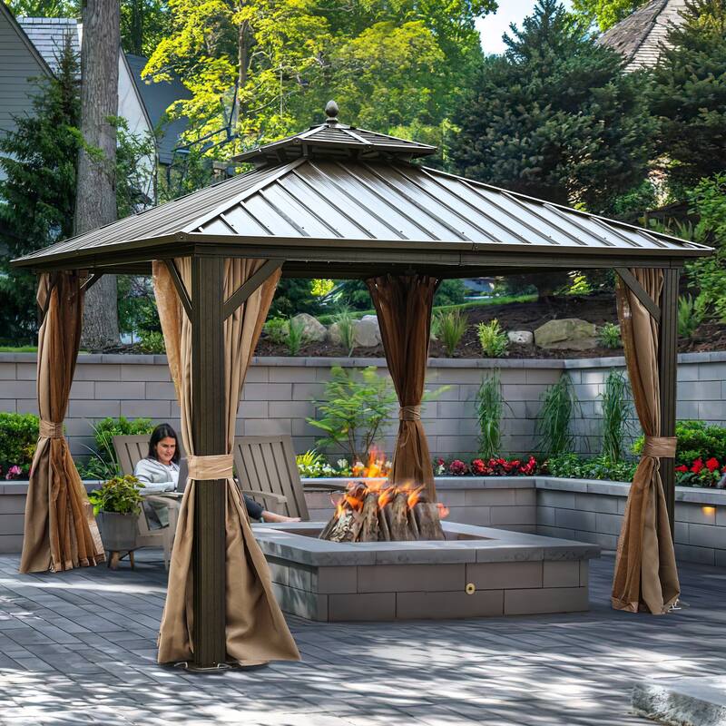 Outdoor Aluminum Hardtop Gazebo With Nettings And Curtains