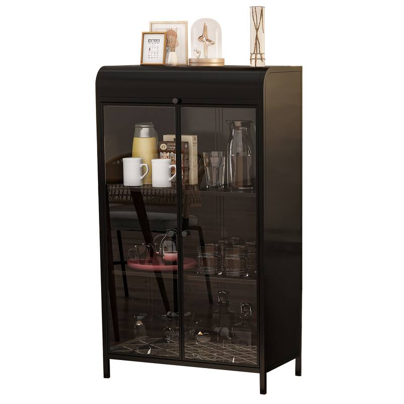 47.6" Tall Metal Storage Cabinet with Glass Doors & Flip-Top, 4-Tier Display Cabinet with Open Shelves, Freestanding Buffet