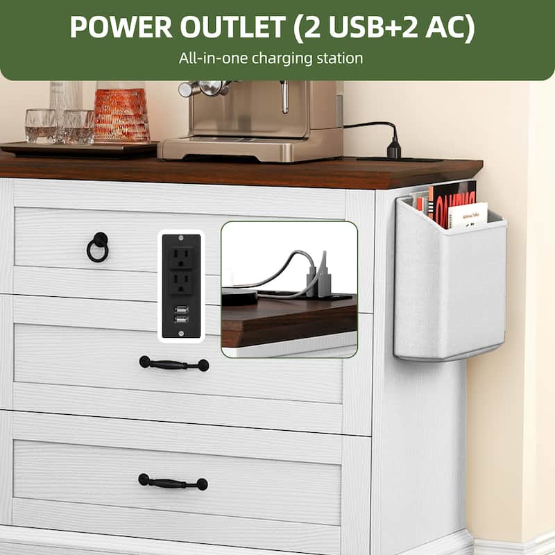 Farmhouse 6 Drawer Dresser, TV Stand, Chest of Drawers With Charger Station And Side Pocket