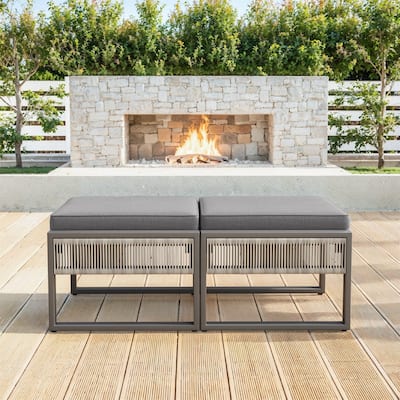 2 Pieces Outdoor Patio Ottoman, All Weather Rattan