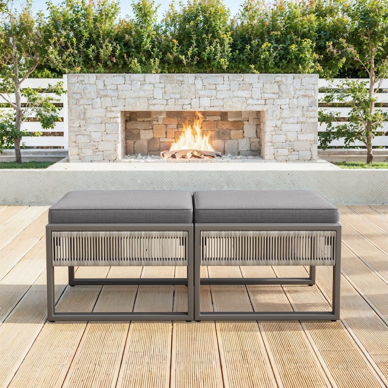 PE Wicker Steel Frame Outdoor Footstool - Light Gray - Light Beige - Light Gray