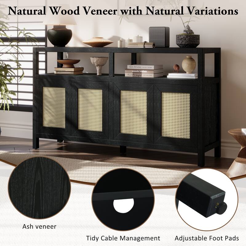 Bohemian Style Rattan Buffet Storage Cabinet with 3-Position Adjustable Shelves and Solid Wood Frame, for Dining Room, Black