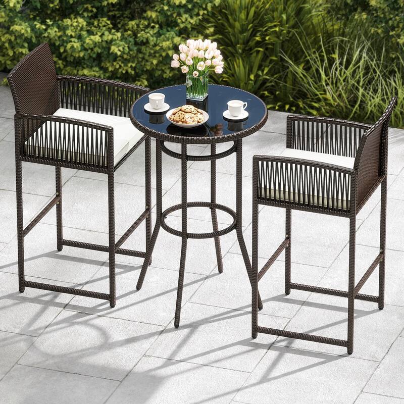 Costway 3 Piece Wicker Patio Bar Set with 2 Seat Cushions Glass - See Details