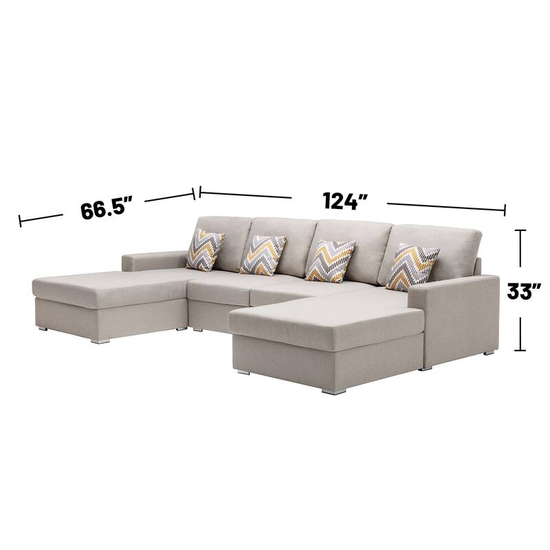 Linen Fabric 4 Piece Double Chaise Sectional Sofa with 4 Pillows and Interchangeable Legs