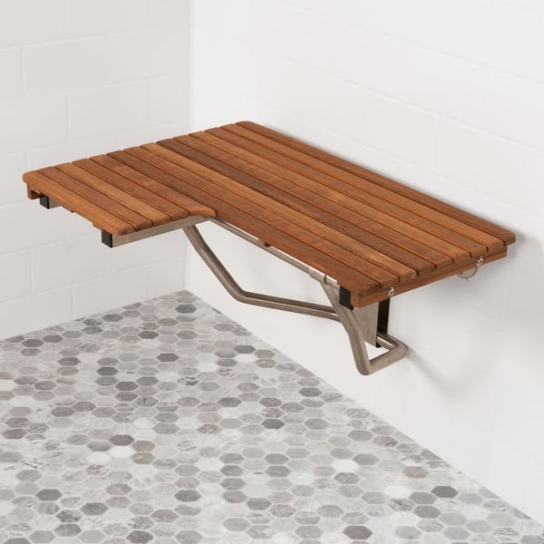 slide 2 of 5, ADA Compliant Right Hand Wall Mount Teak Bench 32x22.5