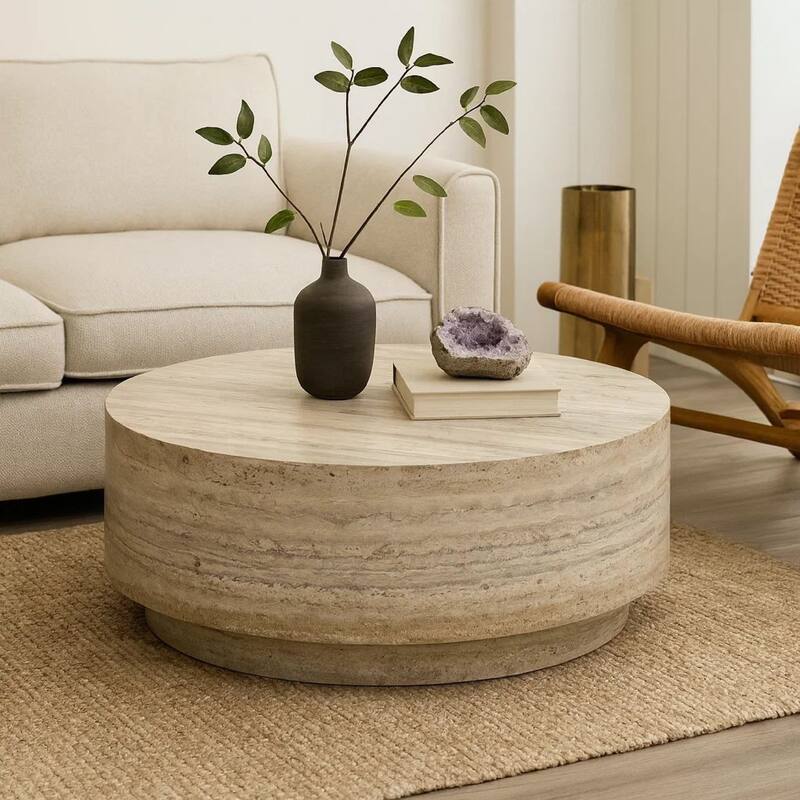 Lia 39 Inch Coffee Table, Round Travertine Stone Finish Laminated Top