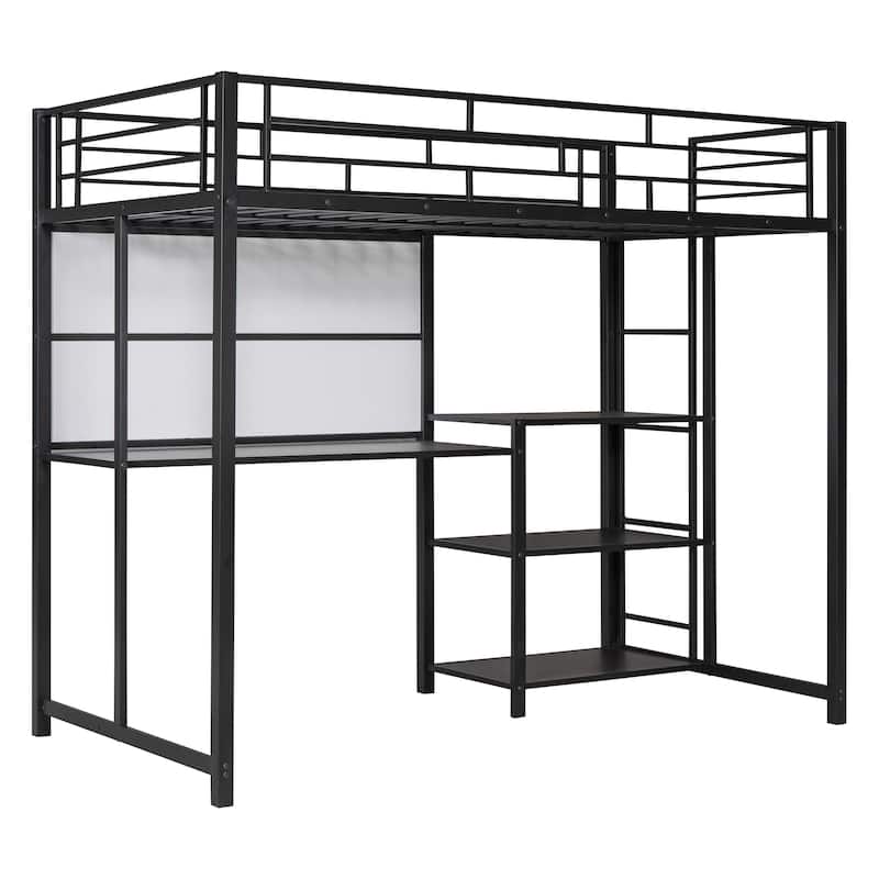Roomfitters Twin Size Loft Bed with Desk and Whiteboard, Metal Loft Bed with 3 Shelves and Ladder, Durable & Easy to Assemble