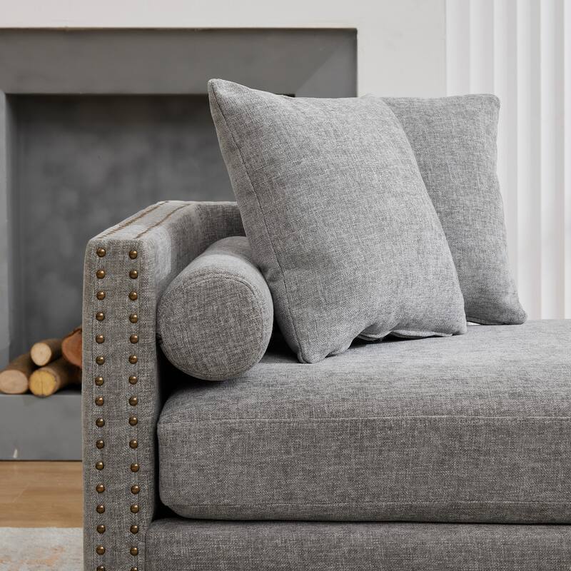 75.2"Wide Upholstered Chaise Lounge with Nailheads, Sleeper Sofa Couch With 4 Throw Pillows & 2 Bolsters, Rubberwood Legs