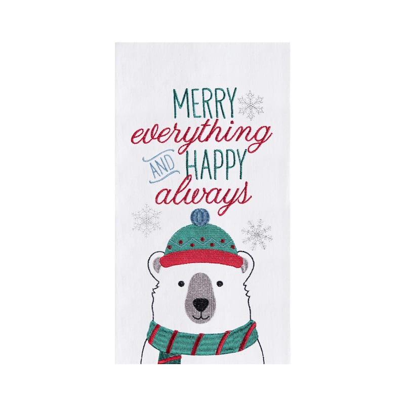 Christmas "Merry Everything and Happy Always" Sentiment Polar Bear Cotton Flour Sack Kitchen Dish Towel 27L x 18W in.