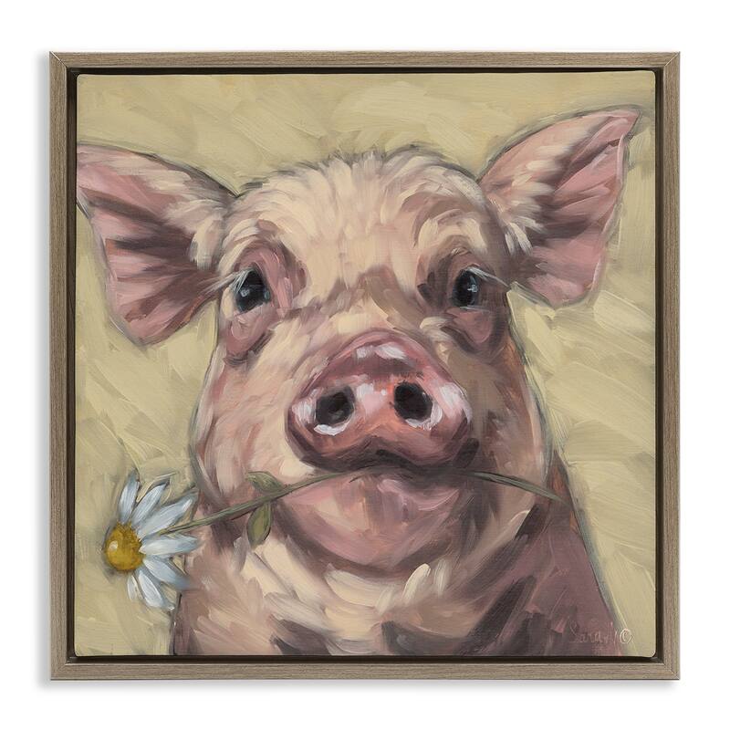 Stupell Pig Holding Daisy Sprig Framed Floater Canvas Wall Art Design By Sara G. Designs - 18 x 18 - Brown