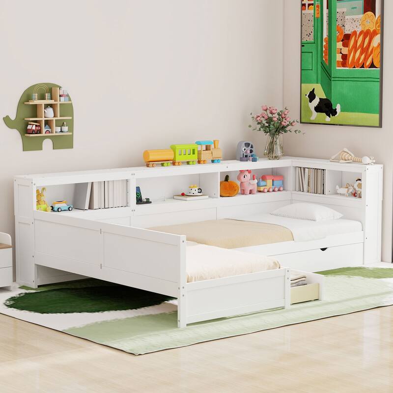 Wooden L-shaped Bed Frame Built-in Storage Cabinets Twin Size Platform Bed with Trundle Bed and Drawer, Storage Captains Bed