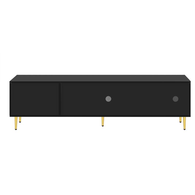 Modern TV Stand with Arched Shelves, Sliding Acrylic Door, Golden Metal Handles, and Ample Storage, Fits TVs up to 70 Inches.