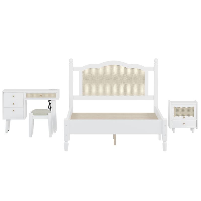 Wooden Platform Bed with Rattan Headboard Curved Wingback Bed Vintage Bed Frame Wood Slat Support Bed with Underbed Storage