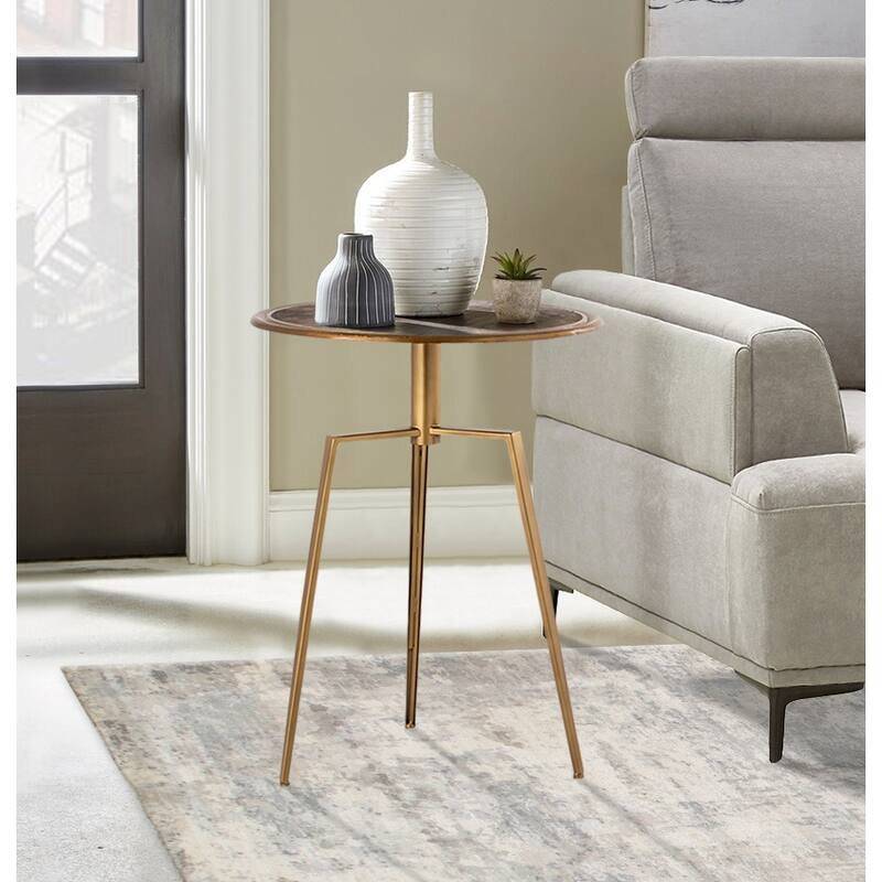 Pasargad Home Delos Iron Antique Brass Finish Round Side Table - 25"H x 20" Top