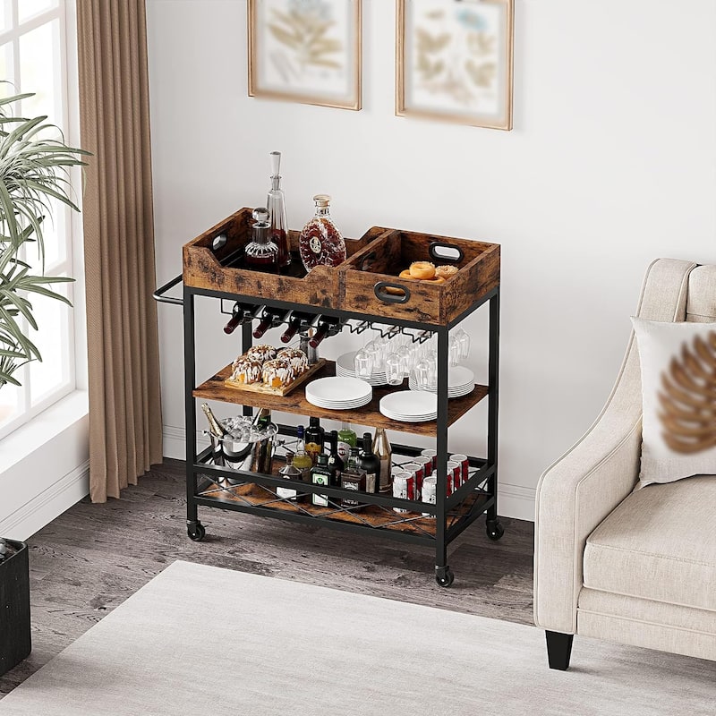 3 Tier Home Bar Serving Cart with Wine Rack and Glass Holders