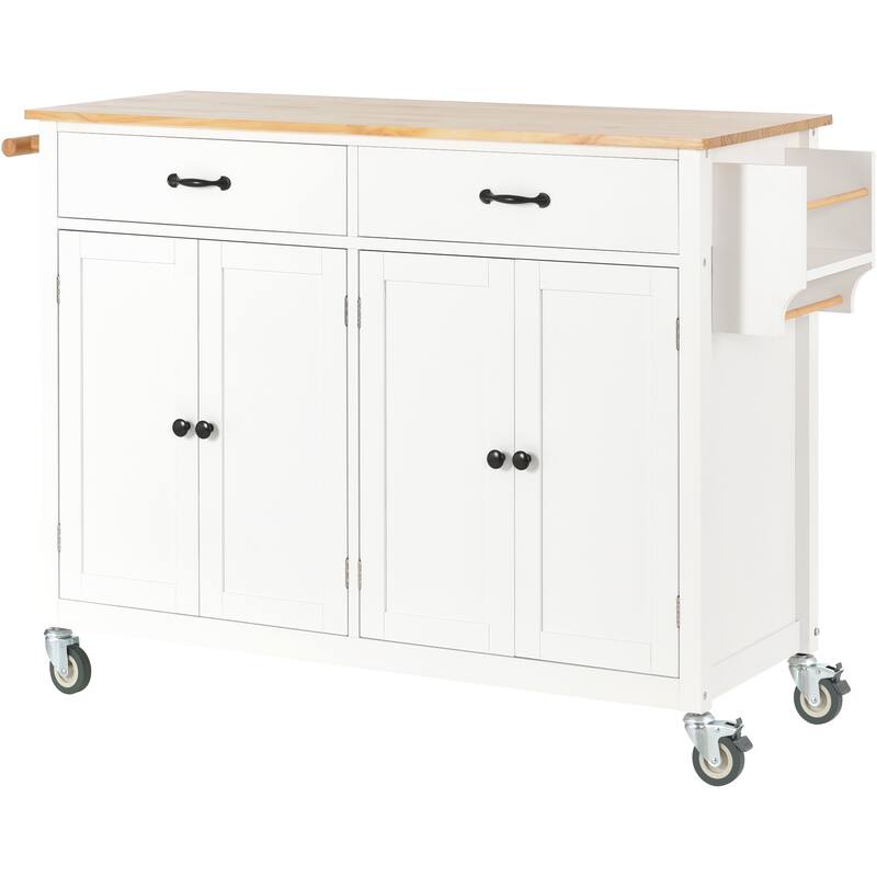 Kitchen Island Cart on Wheels with Solid Wood Top, Moveable Island Table with Adjustable Shelves, 4-Door Cabinet & 2 Drawers